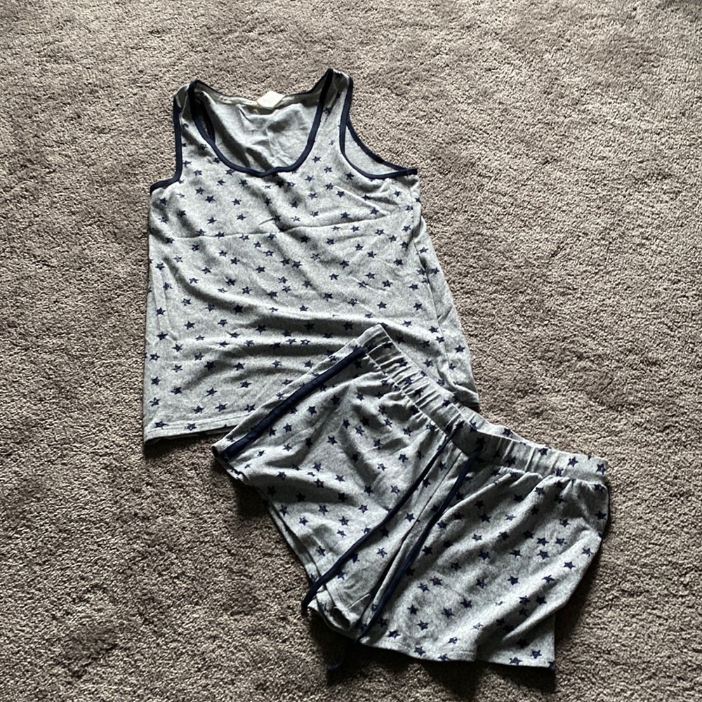Lucky Brand Pajama Set 2 Piece Tank & Shorts Star Print Gray Lounge SIZE S